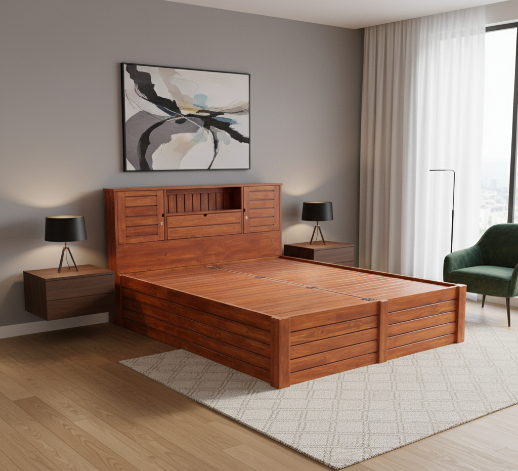 Arobelle Queen Cot With Box Storage And Headboard Storage