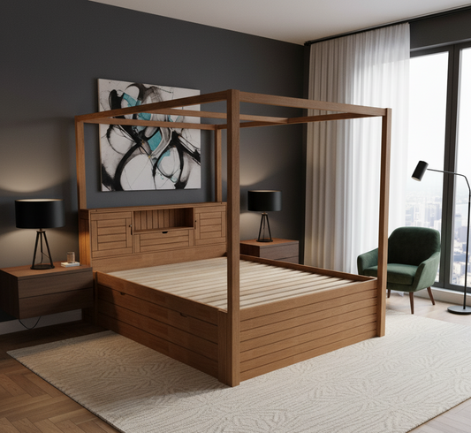 Arobelle Queen Cot With Headboard Storage, 2 Drawers And Posters