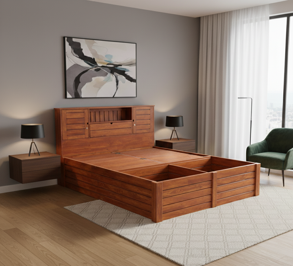 Arobelle Queen Cot With Box Storage And Headboard Storage